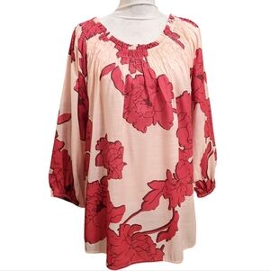CATO Floral Shirred Scoop Neck Red Cream Loose Peasant Tunic Top 18/20 W